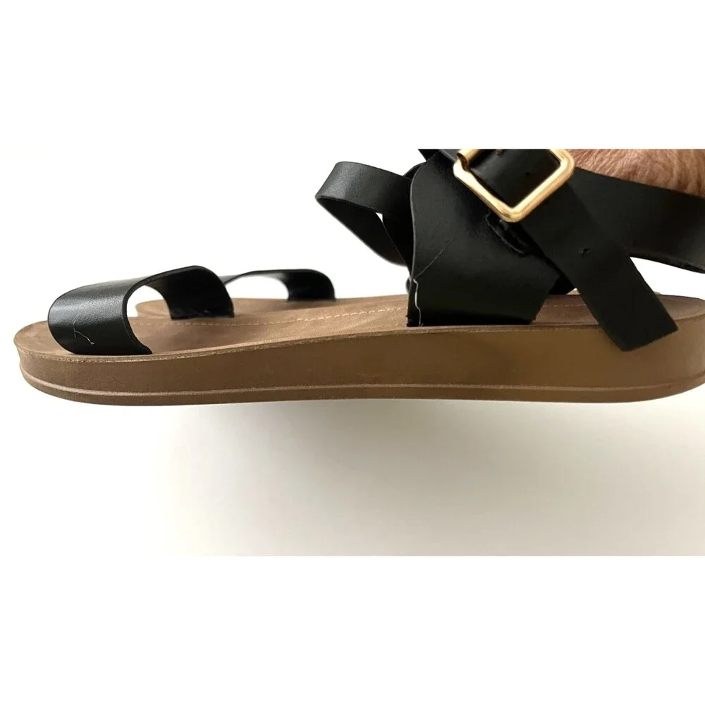 Bamboo Womens Classic Sandals Black/Brown Strappy Size 8 Flat Minimalist Modern